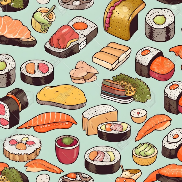 Photo a seamless pattern of sushi and rolls.