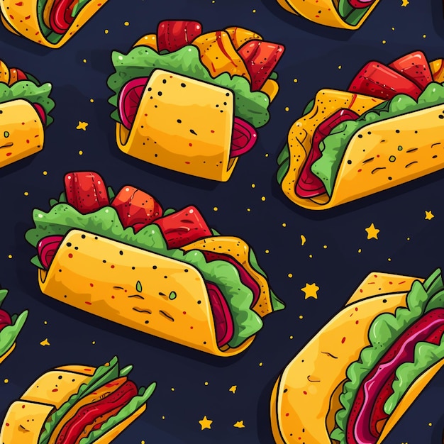 Photo seamless pattern of tacos with different toppings on a dark background generative ai