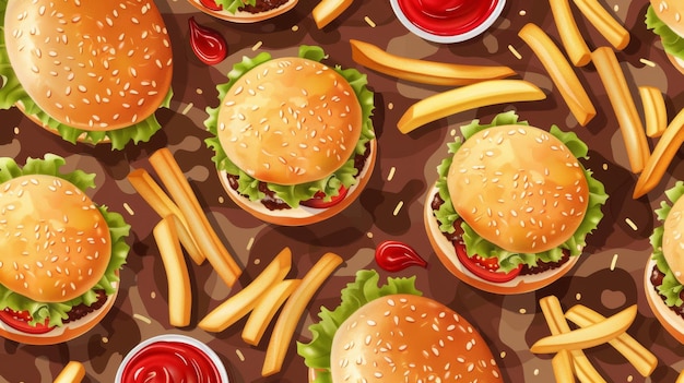 Seamless pattern of tasty burgers and french fries on camouflage background