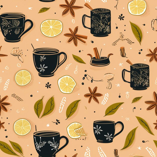 seamless pattern of tea cups and lemon slices on a pink background generative ai