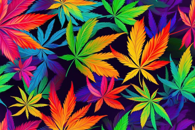 カラフルな明るい大麻マリファナの葉とシームレスなパターン テクスチャ背景