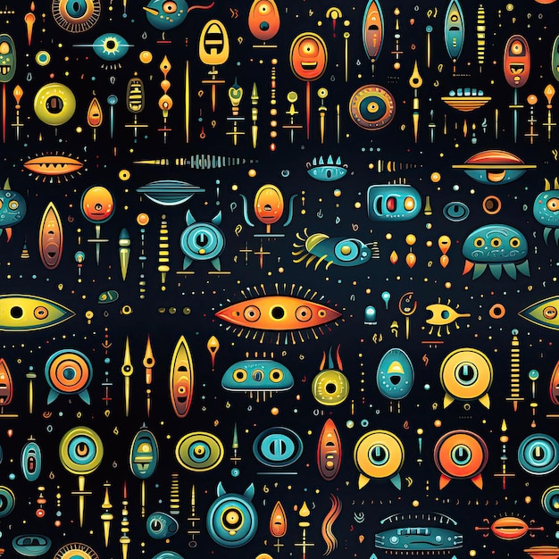 seamless pattern texture with funny cartoon characters colorful aliens in space on black background