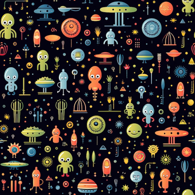 Photo seamless pattern texture with funny cartoon characters multicolored aliens in space on a black background