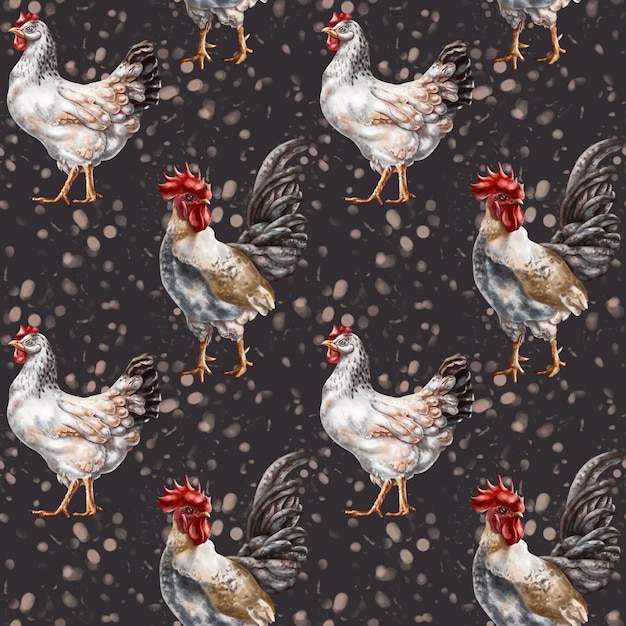 Photo seamless pattern of their farm chickens and roosters simple rural life farm animals nature and plants poultry on the ranch digital illustration background