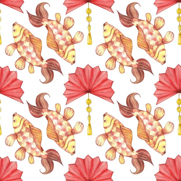 Seamless pattern on the theme of Chinese New Year 2024 Paper lanterns and red and yellow carps hand drawn in watercolor on a white background Suitable for printing on fabric and paper decoration