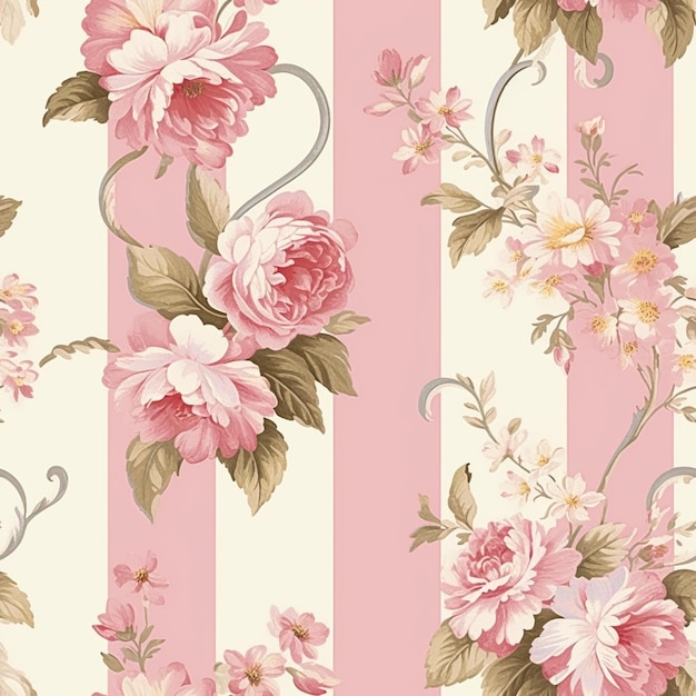 Seamless pattern tileable striped pink floral country style print for wallpaper wrapping paper with English countryside rose flowers for scrapbook fabric and product design idea