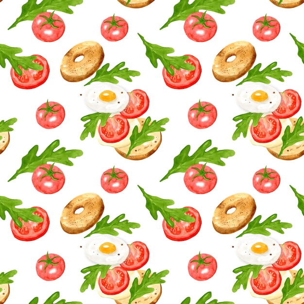 A seamless pattern of tomatoes, eggs, and a tomato