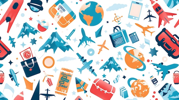 Photo a seamless pattern of travel and vacation themed icons the pattern features icons of airplanes mountains globes and suitcases