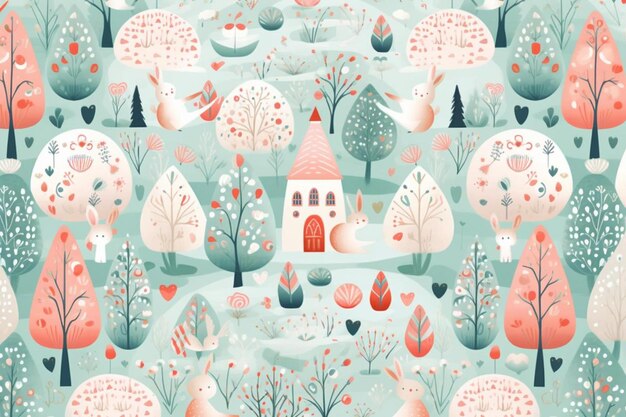 Photo a seamless pattern of trees houses and birds