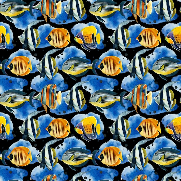 Seamless pattern Tropical fish in bright colors and blue spots handdrawn in watercolor