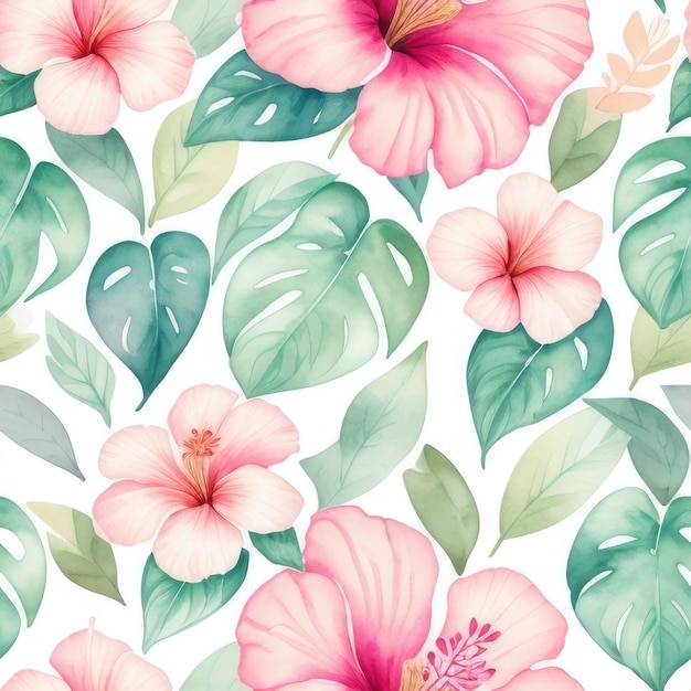 A seamless pattern of tropical flowers with hibiscus leaves.