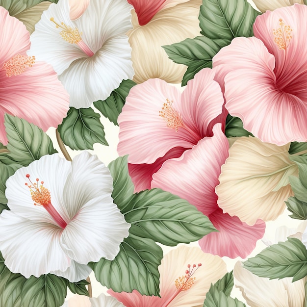 A seamless pattern of tropical flowers with hibiscus on a white background.