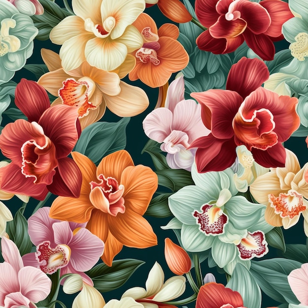 A seamless pattern of tropical flowers with orange, red, and yellow colors.