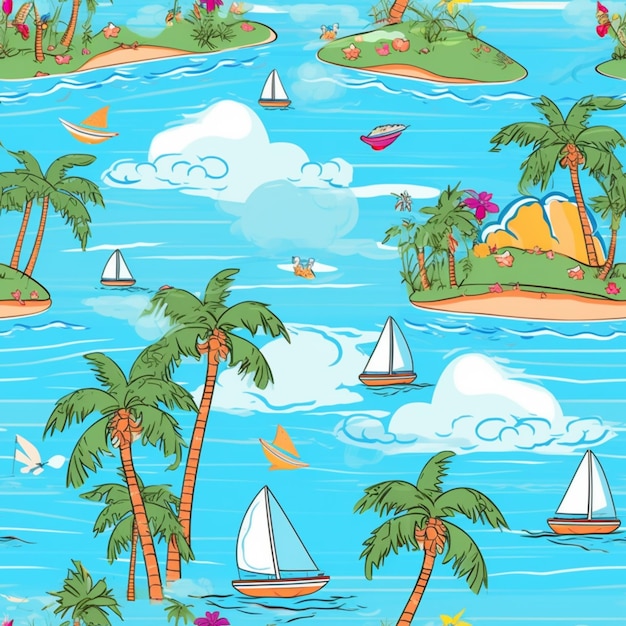 Foto un modello senza cuciture di un'isola tropicale con palme e barche a vela generative ai