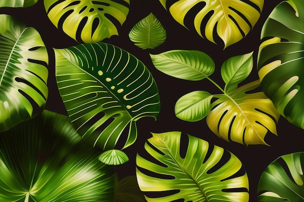 A seamless pattern of tropical leaves and flowers