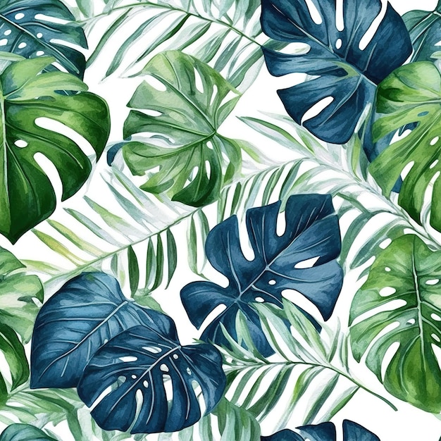 A seamless pattern of tropical leaves on a white background.
