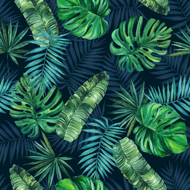 Photo seamless pattern of tropical plants on a dark background watercolor drawing