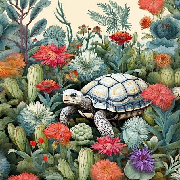 Seamless pattern turtles among wildflowers