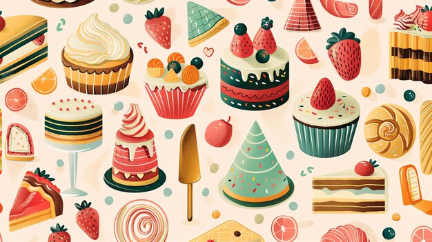 A seamless pattern of various cakes cupcakes and other desserts