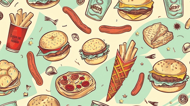Foto un modello continuo di vari prodotti fast food tra cui hamburger, hot dog, pizza e patatine fritte