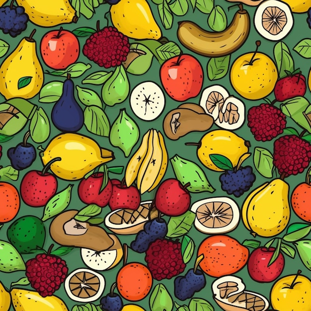 Seamless pattern of various fruits and vegetables on a green background generative ai