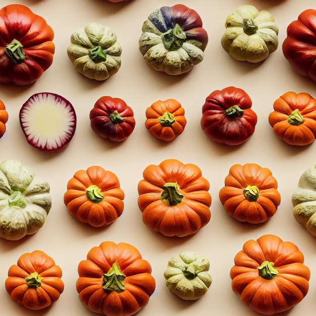 Seamless Pattern of Various Orange Halloween Pumpkins Vegetables Centerpiece in Black Background