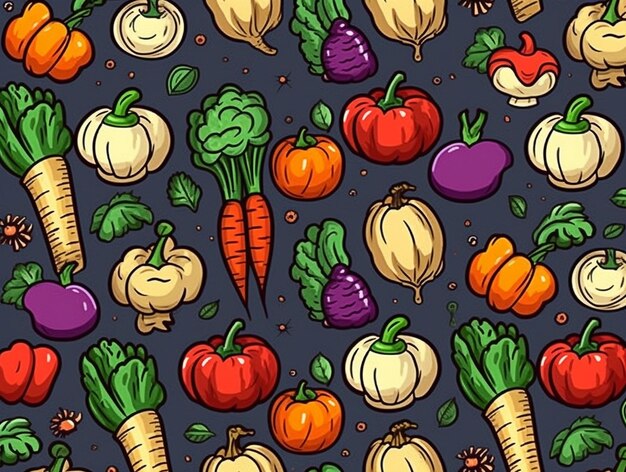 A seamless pattern of vegetables and fruits.