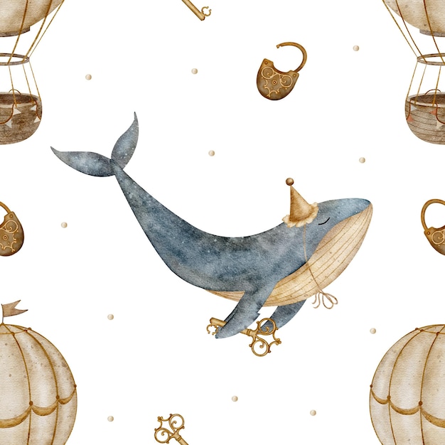 seamless pattern vintage blue whale balloon key lock watercolor print in beige pastel illustrations