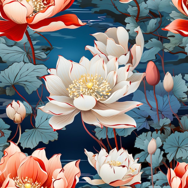 Photo seamless pattern of vintage lotus on pond with stems leaves pseudocolor abstract generative ai