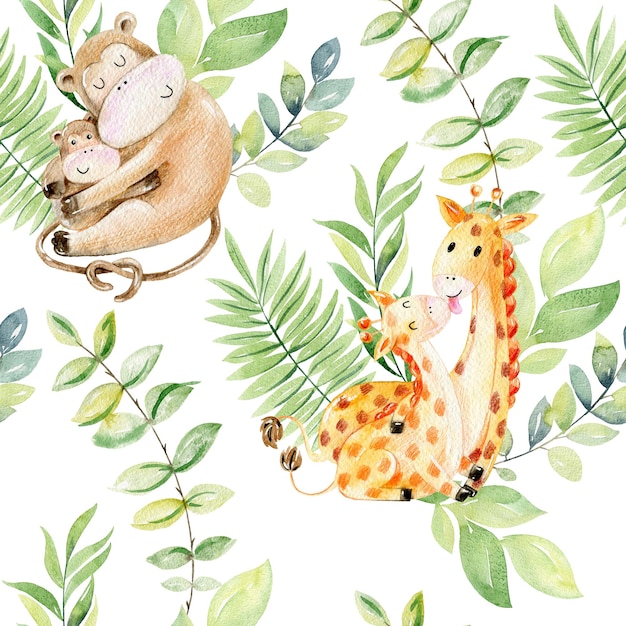 Seamless pattern Watercolor animals mom and babies