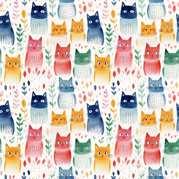 seamless pattern of watercolor colorful cats and plants on a white background