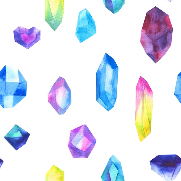 Seamless pattern watercolor colorful crystals isolated on white. 