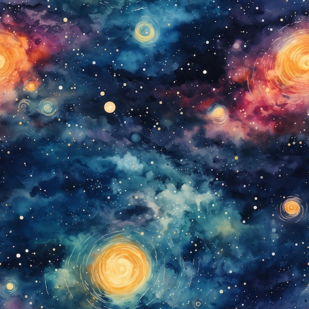 Seamless Pattern of a Watercolor painting of a galaxy with stars and planets 20