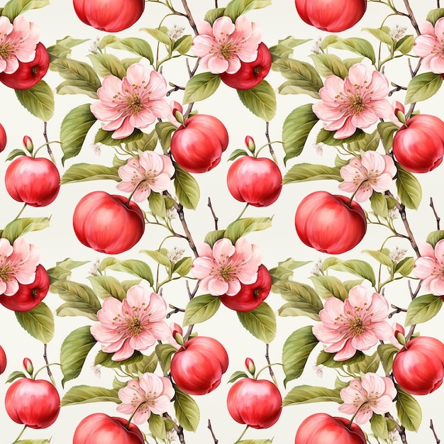 Seamless pattern of watercolor red apples flowers and leaves on a white background generated ai