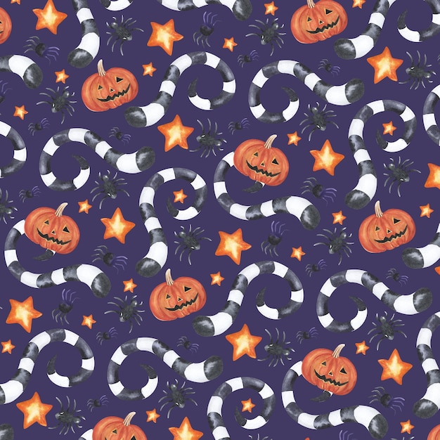 Photo seamless pattern of watercolor spiders tentacles pumpkins with stars