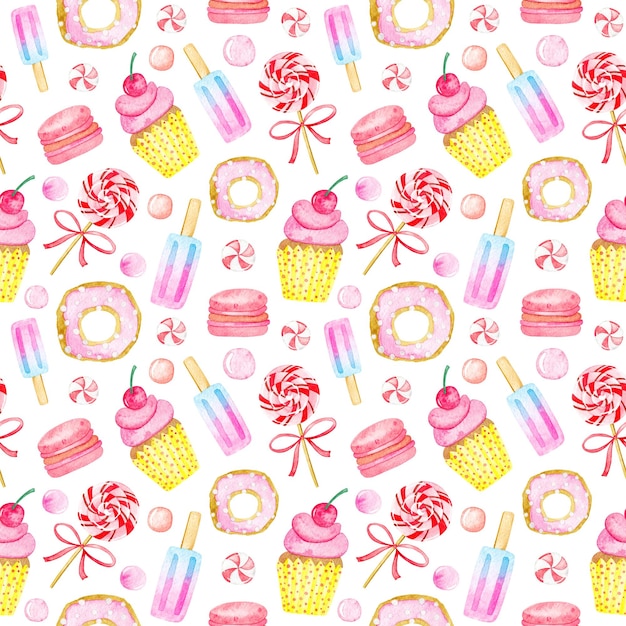 Photo seamless pattern of watercolor sweets