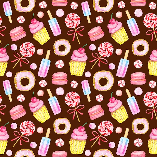 Seamless pattern of watercolor sweets