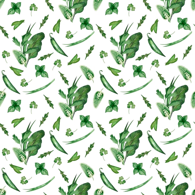 Seamless pattern of watercolor vegetables elements on a white background.