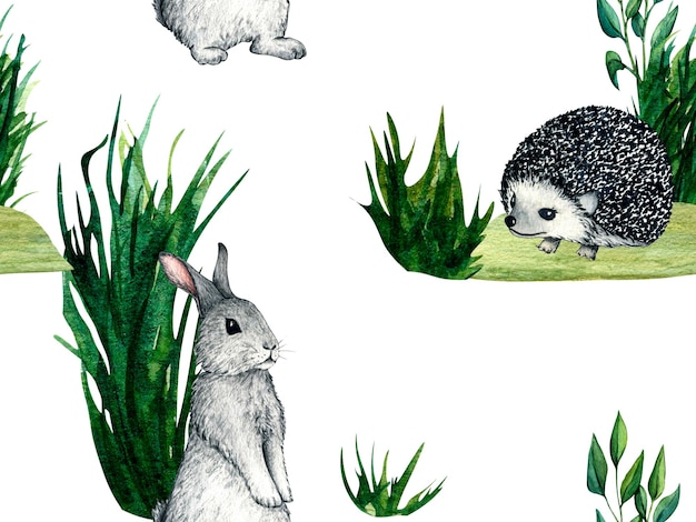 Seamless pattern Watercolor wild forest animals hedgehog and hare rabbit Nature illustration for kids design