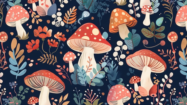 Photo a seamless pattern of whimsical mushrooms and flowers perfect for fabric wallpaper or wrapping paper