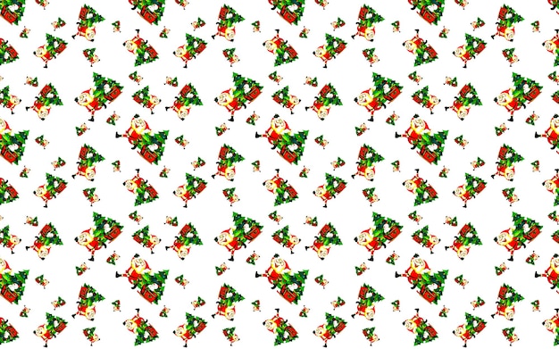 seamless pattern on white background santa claus with christmas trees and with snowman