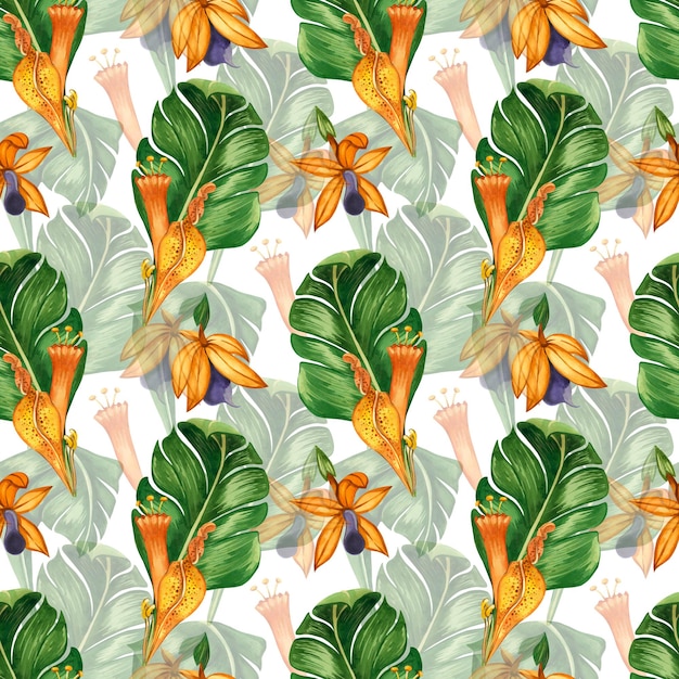 Seamless pattern on a white background Tropical orange flowers and green plants