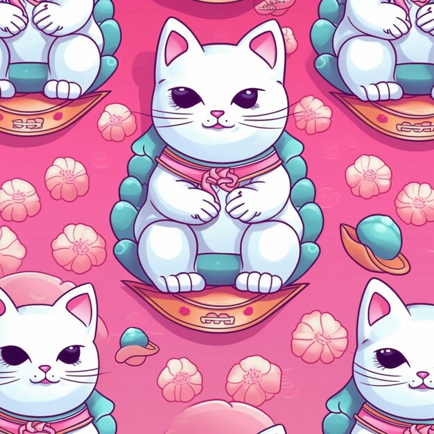 Photo seamless pattern of a white cat sitting on a pink background generative ai