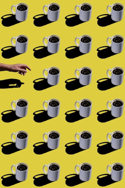 seamless pattern of white cup of coffee on yellow background