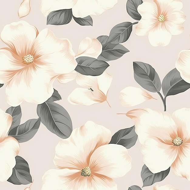 A seamless pattern of white flowers with green leaves on a gray background