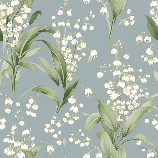 A seamless pattern of white and green lily of the valley flowers