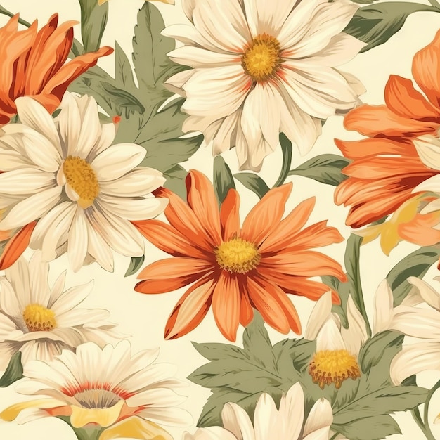 A seamless pattern of white and orange flowers with green leaves on a beige background.