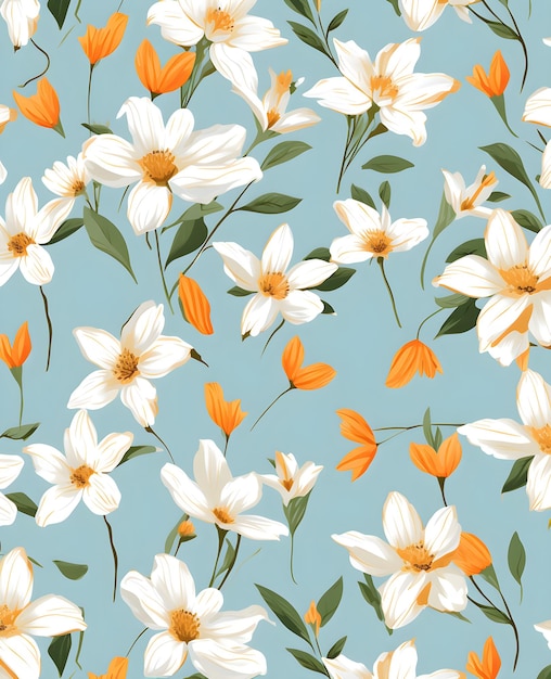 A seamless pattern of white and orange flowers with green leaves on a blue background.