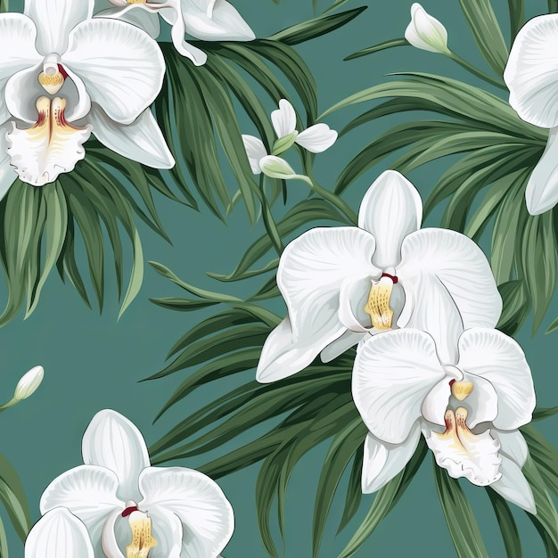 Photo seamless pattern white orchid flower on emerald background