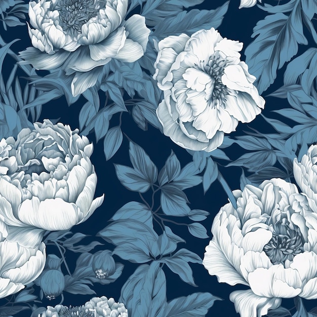 濃い青色の背景に青い葉を持つ白い牡丹のシームレスなパターン